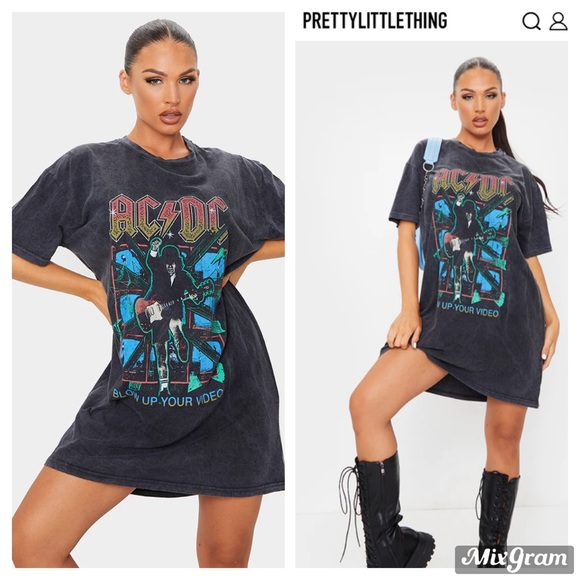 PrettyLittleThing Dresses & Skirts - Black ACDC Print Acid Wash T Shirt Dress